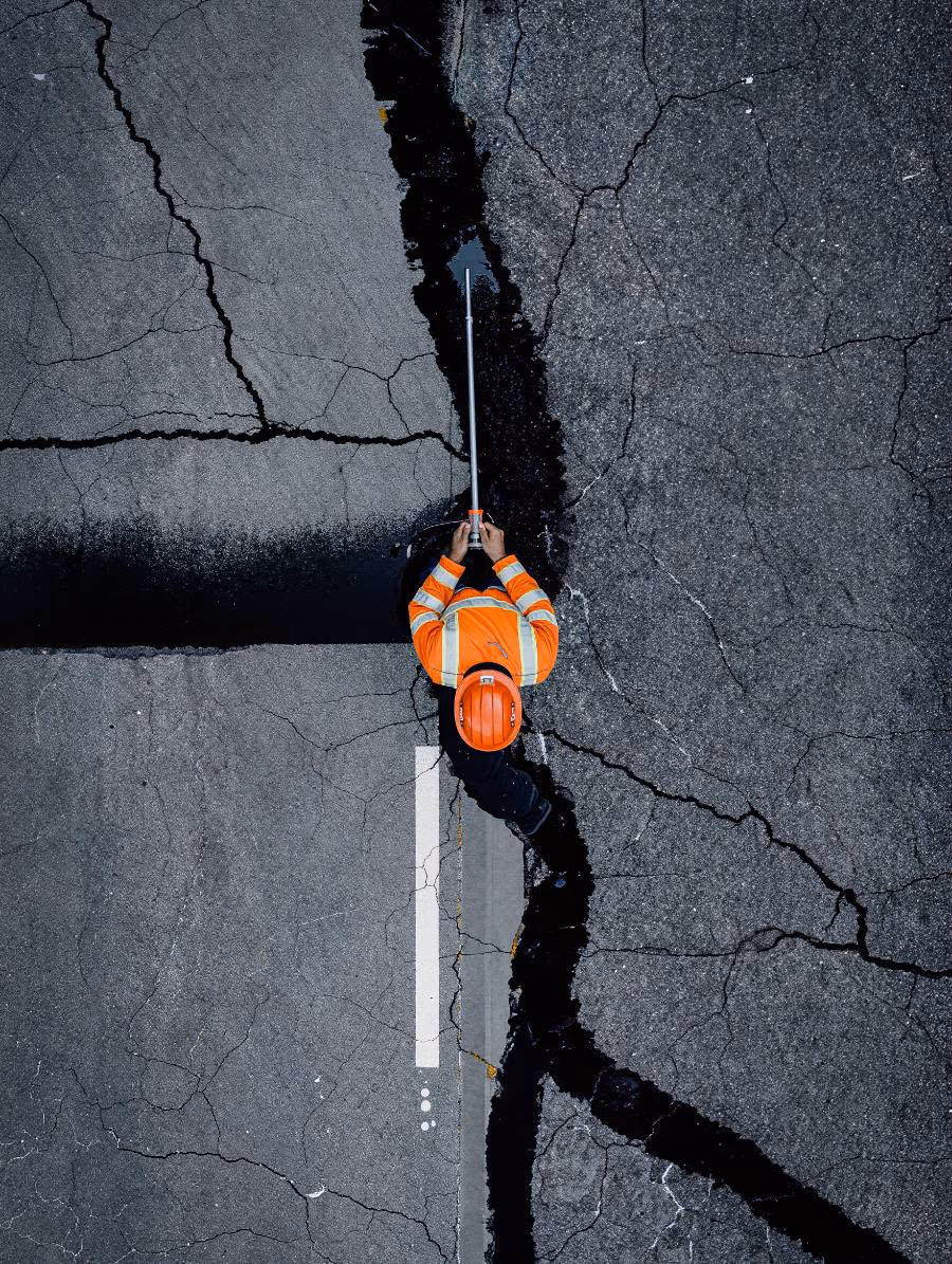 Cracks in an asphalt road being sealed