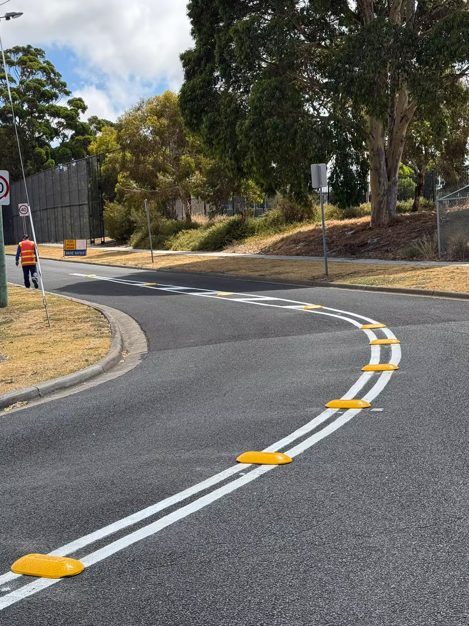Raised yellow lane separators installed along double white lines
