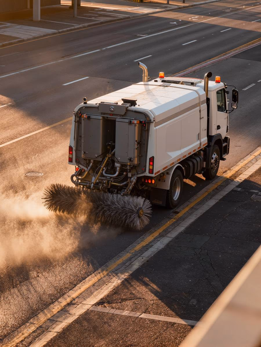 Street sweeper clearing debris from a road surface